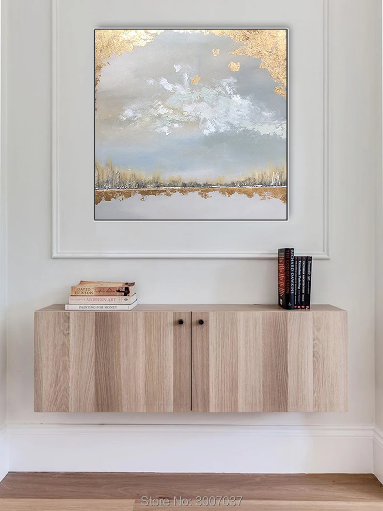 Hand Painted Landscape Oil Painting Gold and White Paintings Modern Golden Foil On Canvas For Living Room | Дом и сад