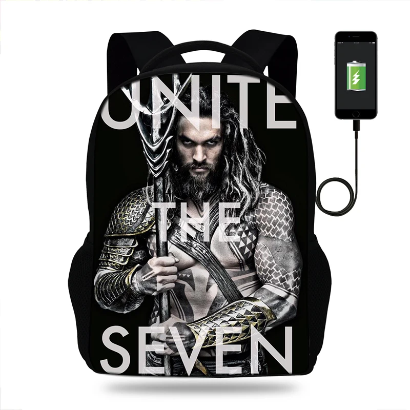 Рюкзак мужской колледж DC Aquaman Movie принт рюкзак usb зарядное устройство школьный для