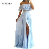 light blue chiffon bridesmaids dresses summer long side slit party gown boat neck off shoulder formal wear side slit jurken lang