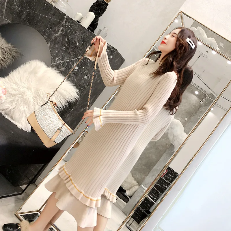 Платья-свитеры с длинным рукавом зима-осень круглым вырезом вязаный свитер