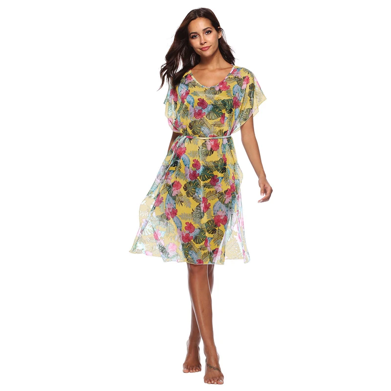 Женское пляжное платье с цветочным принтом прямое до колена в богемном стиле