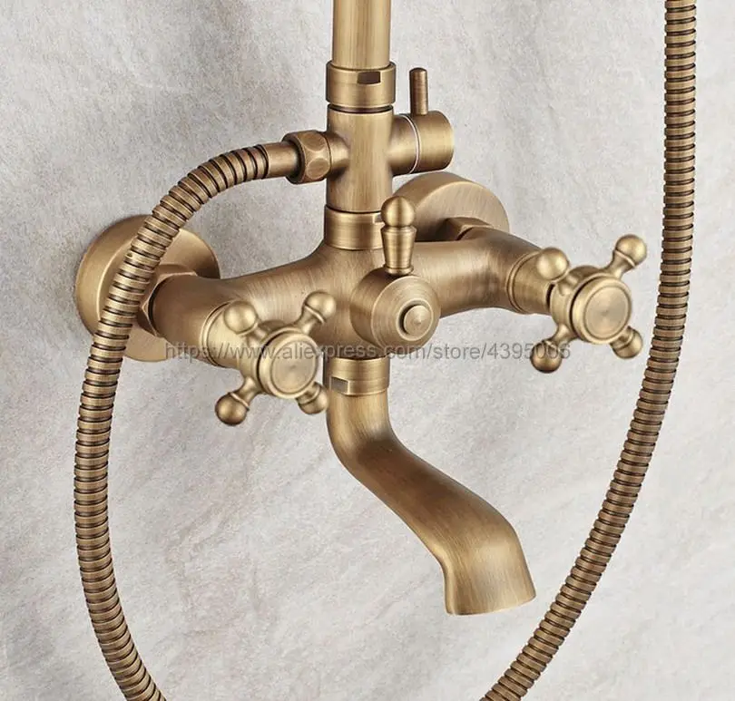 

Antique Brass Shower Faucet Kit Wall Mount 8" Rainfall Shower Head Tub Spout Bath Shower Mixer Tap Brs102