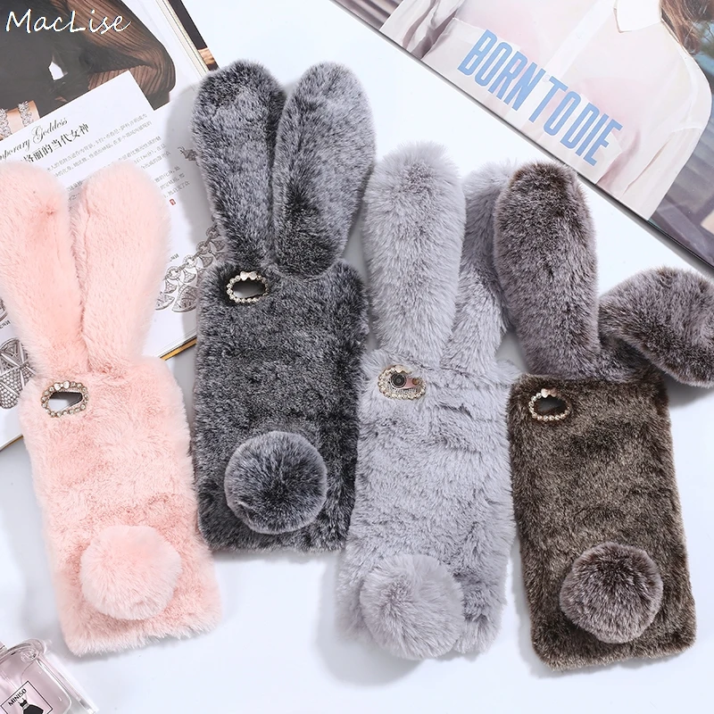 For iPhone 11 12 pro phone case 3D Cute Rabbit Hairy Warm Fur Cover for 6s 7 8plus XR Xs MAX Bling Rhinestone Plush Bunny Girls | Мобильные