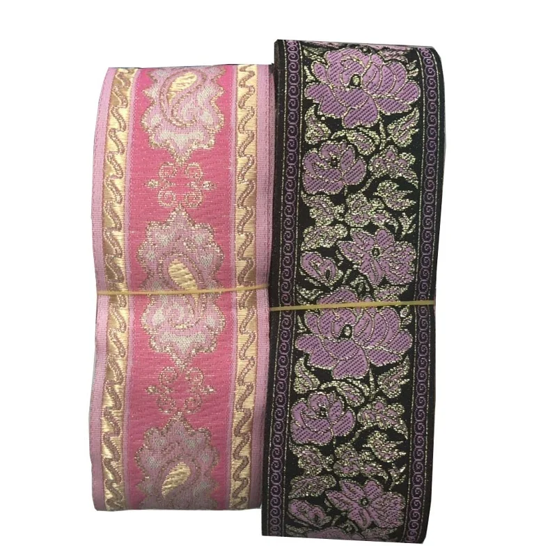 

10yards/lot wide 5cm Woven Jacquard Ribbon paisley light pink purple background for curtain and clothing accessory XJ-2548