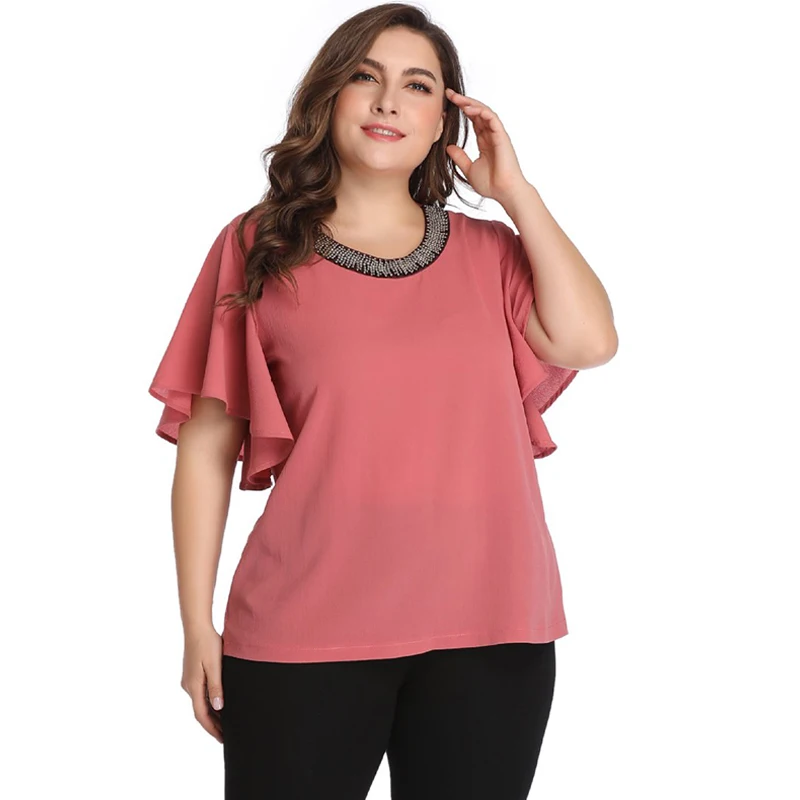 Шифоновая Блузка с коротким рукавом 2019 модная женская летняя расшитая бисером О