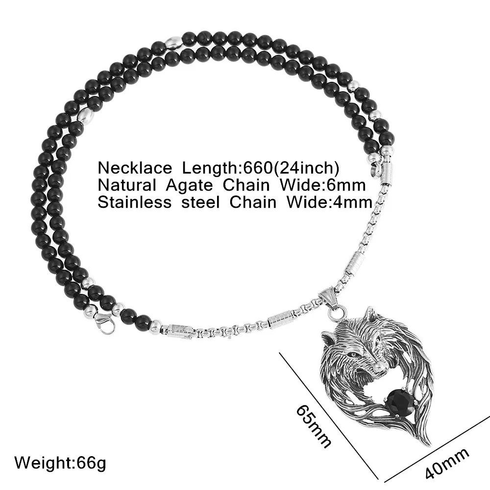 Black Natural Stone Bead Necklace Men's Titanium Steel Tribal Wolf Biker Pendant for Men Jewelry | Украшения и аксессуары