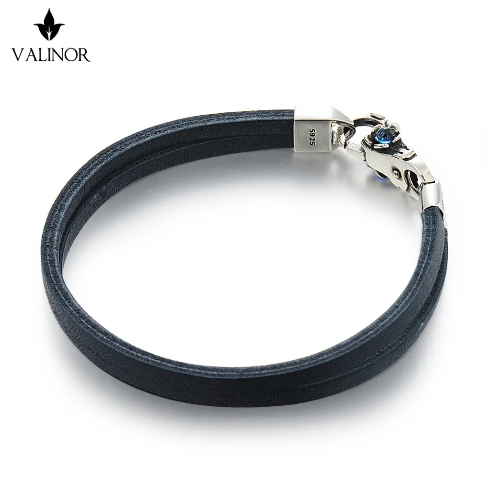 Синий Двухслойный Кожаный Браслет первого слоя из серебра 925 пробы SCNP005 |
