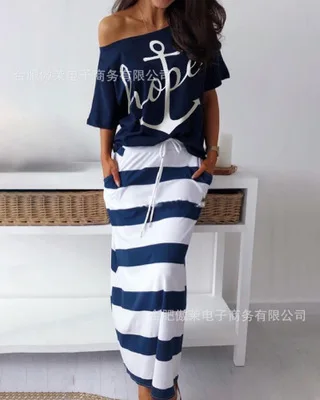 Navy Blue Женский комплект из 2 предметов: футболка с открытыми плечами и принтом якоря Hope Boat и длинная юбка в полоску, летний повседневный комплект из двух предметов с юбкой - Цвет: Navy Blue