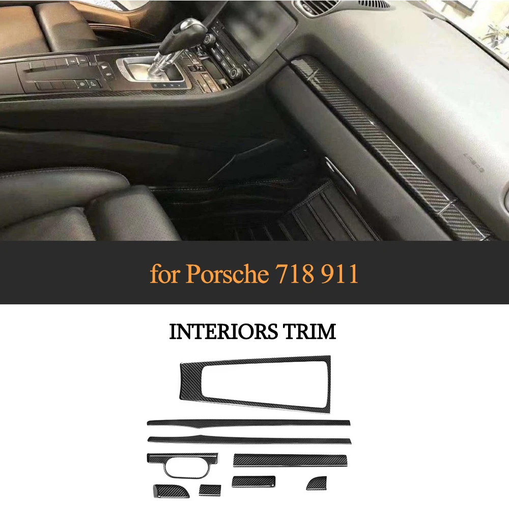 

9pcs Car Central Console Gear Shift Frame Interior Door Panel Trim Real Carbon Fiber For Porsche Cayenne 718 911 2016-2018