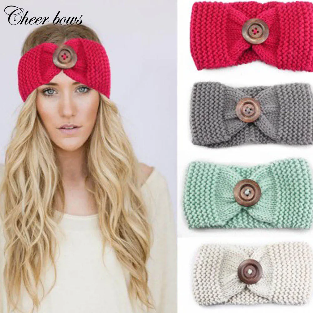 

Winter Warmer Knitted Headband Turban For Lady Women Crochet Bow Button Stretch Knit Hairband Wool Headwrap Hair Accessories