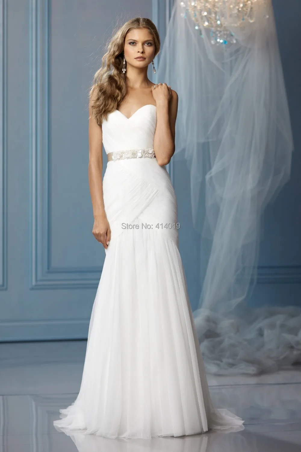 LD0369 Custom Made Crystals Sash Floor-length White Sexy Backless Bridal Gown Mermaid Wedding Dresses 2015 New Fashion_BRIDALK | Свадьбы и
