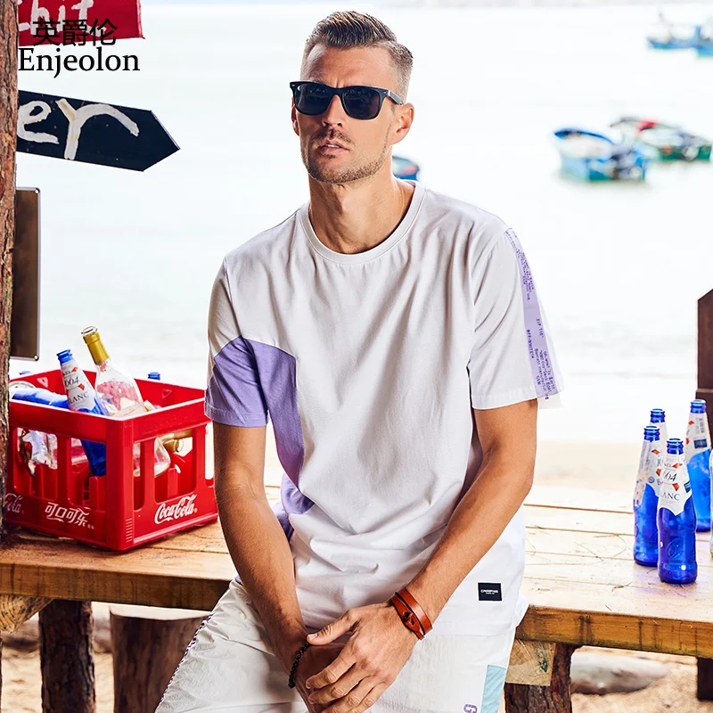Брендовая летняя футболка Enjeolon однотонная мужская с коротким рукавом и круглым