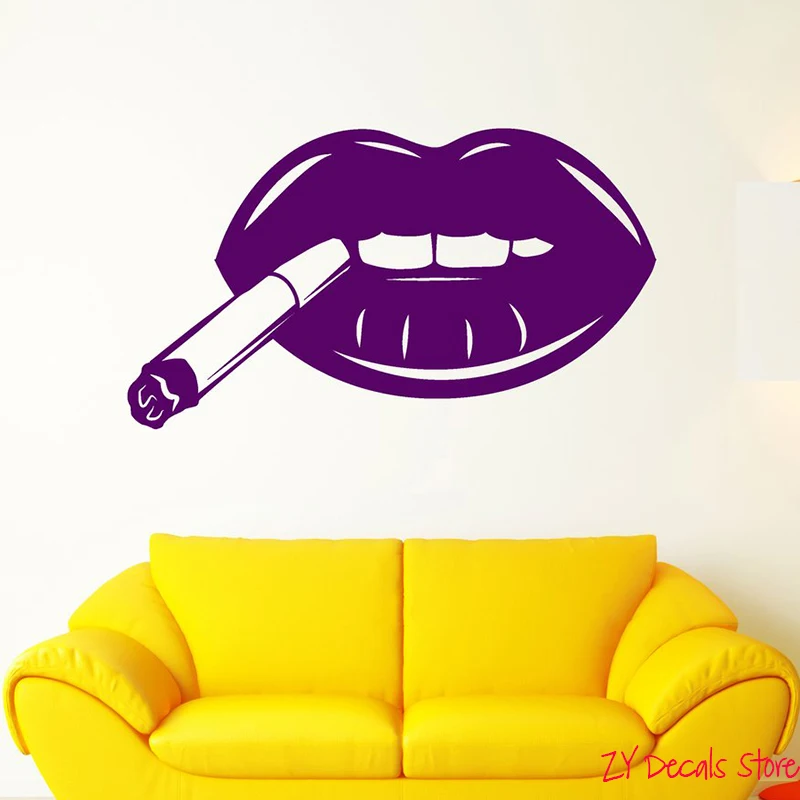 Cute Mouth Vinyl Wall Decal Sexy Lips With Cigarette Smoking Girl Removable Bedroom Living Room Decoration Home Decor L638