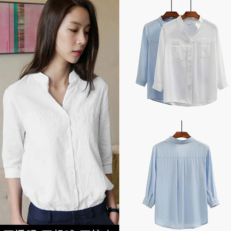 Повседневное V шеи твердые топы и блузки Для женщин 2018 осень новая мода блузка три