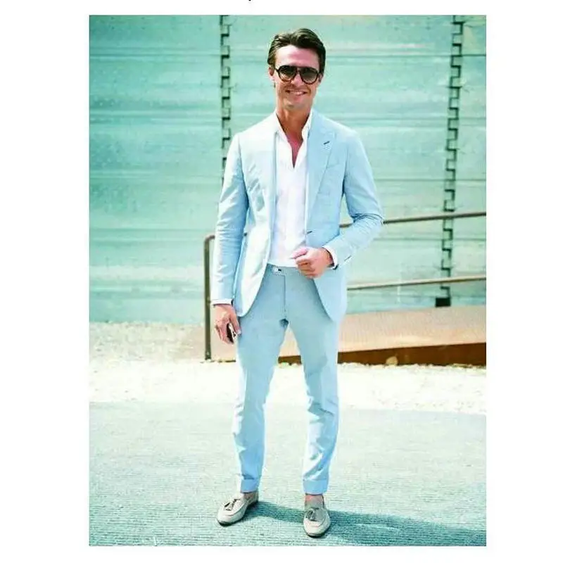 Мужские костюмы небесно голубого цвета на весну и лето приталенный Повседневный
