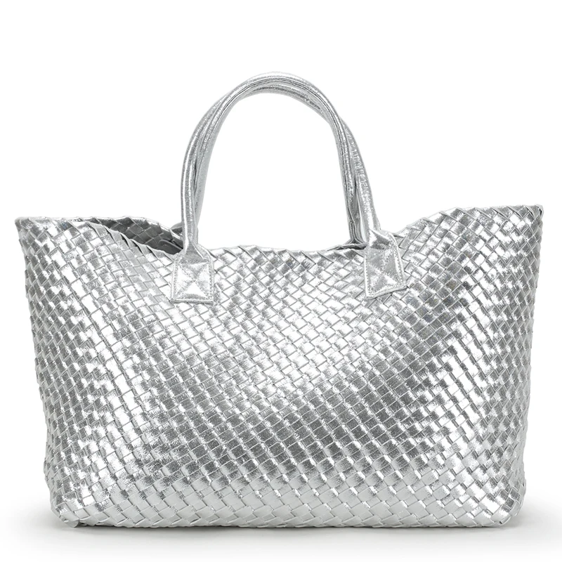 Silver Стиль, летняя шикарная цветная тканая кожаная сумка, роскошные женские сумки, вышивка крестом, вязаные сумки-тоуты, вместительные сумки с ручками - Цвет: Silver