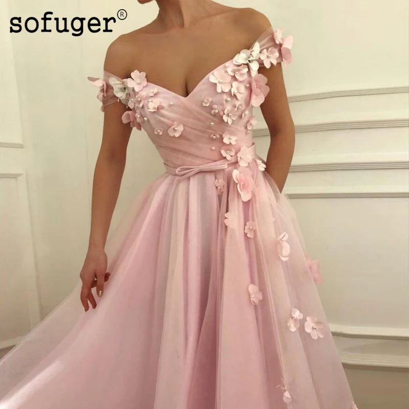 Розовый Жемчуг Тюль с плеча вечернее платье Выпускной Vestidos De Fiesta Формальное вечернее платье Арабский мусульманский особых случаев