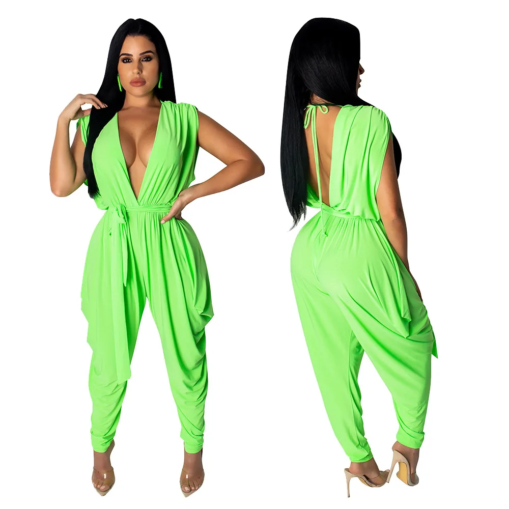 Женский однотонный комбинезон с V образным вырезом и поясом|Женские комбинезоны|