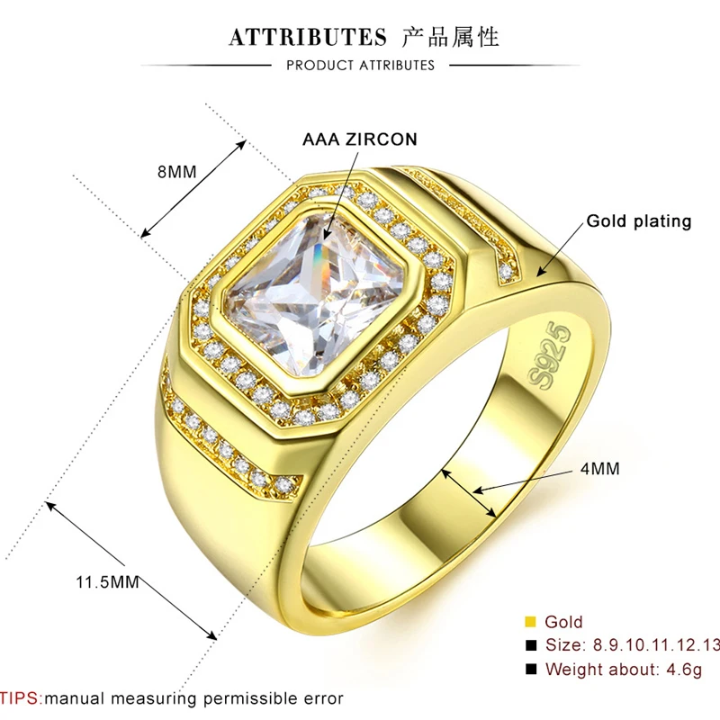 Luxury Engagement Ring Zirconia Gold Wedding Rings For Men Crystal Vintage Mens Signet With Stone A0114 | Украшения и аксессуары