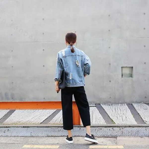 Южная Корея свободный крой рисунок в мелкую клетку отверстие бисера джинсы с