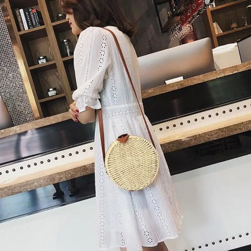 9C(Beige) Женская плетеная Сумка из ротанга, круглая соломенная сумка на плечо, летняя винтажная открытая пляжная сумка ручной работы, сумка-мессенджер Bolsas Feminina Muje - Цвет: 9C(Beige)