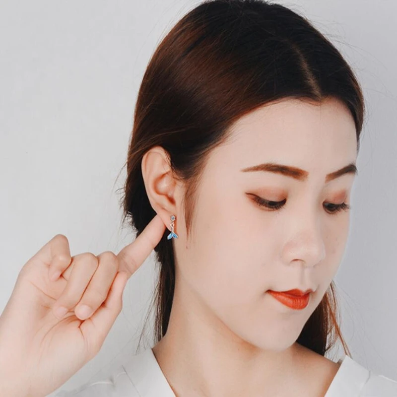 Sole Memory Blue Fishtail Zircon Cute Fresh Sweet 925 Sterling Silver Fashion Female Dangle Earrings SEA465 | Украшения и
