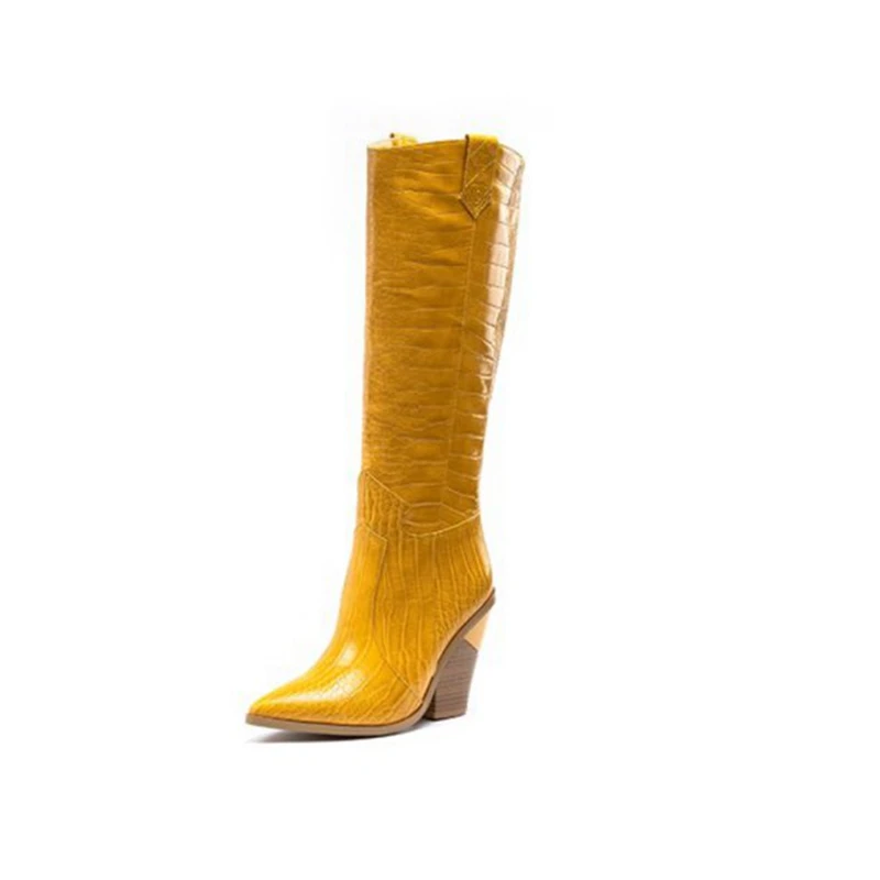 Yellow SIMLOVEYO/ г. Новые Брендовые женские сапоги до колена ковбойские сапоги в западном стиле с острым носком, на среднем квадратном каблуке, без шнуровки большой размер 15 46, Леопардовый, золотистый - Цвет: Yellow