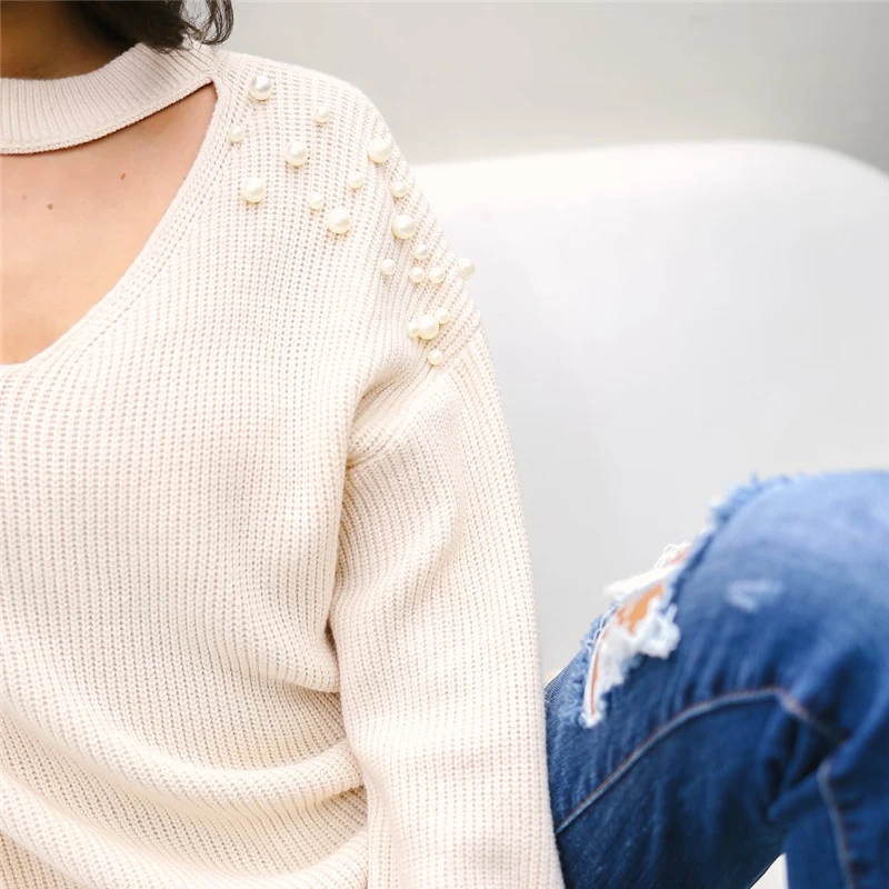 Autumn and Winter 2018 Women Tops Halter Pearl Sweaters Pullovers Elegant Cozy Knit Sweater Casual Loose Warm Jumpers Femme | Женская