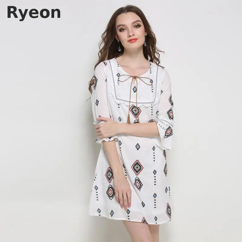Ryeon L-5xl Плюс Размер Милые Женщины Dress Print Three Четверти аппликации Выше Колена Мини