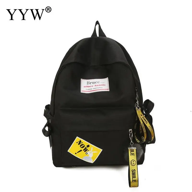 Женский Повседневный рюкзак черный холщовый с меховым шариком Студенческая