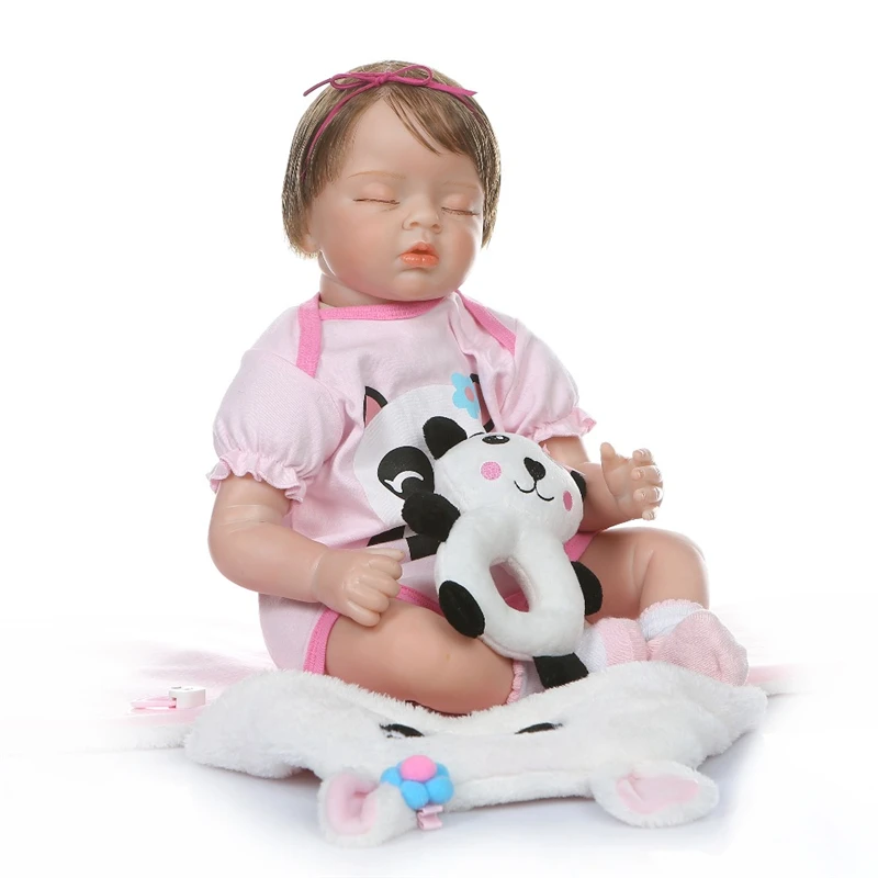 NPK 55cm Newborn Baby Doll Bebe Realistic Reborn Sleeping Girl Soft Cotton Body Rooted Hair In Panda Dress | Игрушки и хобби
