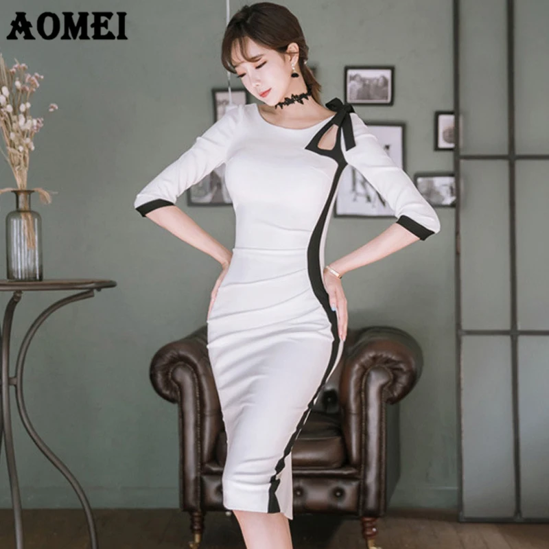 Новое Элегантное женское облегающее платье черного и белого цвета контрастный