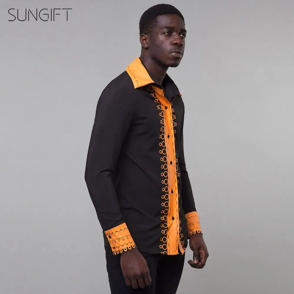 SUNGIFT African Male Long Sleeve Top Dashiki Ethnic Print Lapel Collar Button 2019 New Fashion Black Shirt Africa | Тематическая