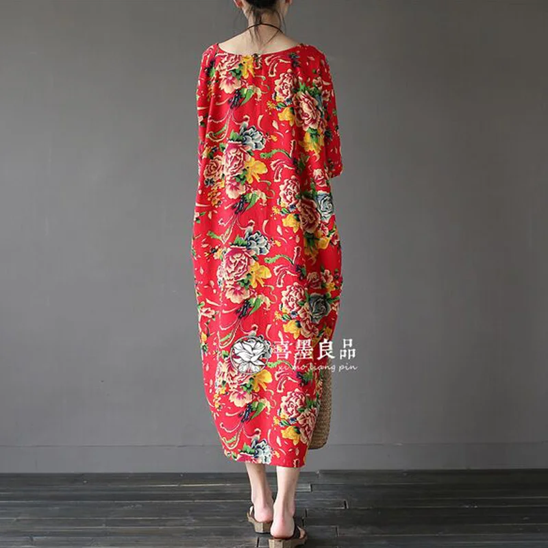 Женское льняное платье с цветочным принтом Свободное длинное в китайском стиле