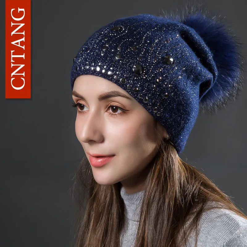 Blue Blue Pompom CNTANG, шерстяные вязаные шапки с серебряной нитью, круглая теплая шапка с заклепками для женщин, осенне-зимние модные шапки с меховым помпоном, дамские шапочки - Цвет: Blue Blue Pompom