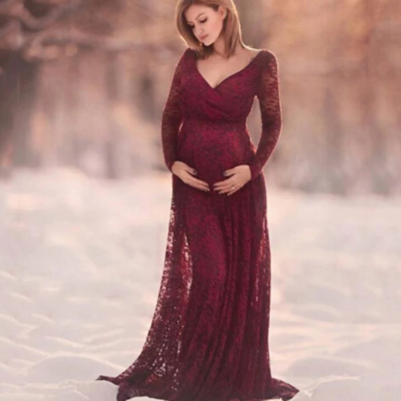 

Lace V-Neck Maternity Dresses For Photo Shoot Maternity Dresses Pregnant Woman Clothes long-length maternity dresses photography
