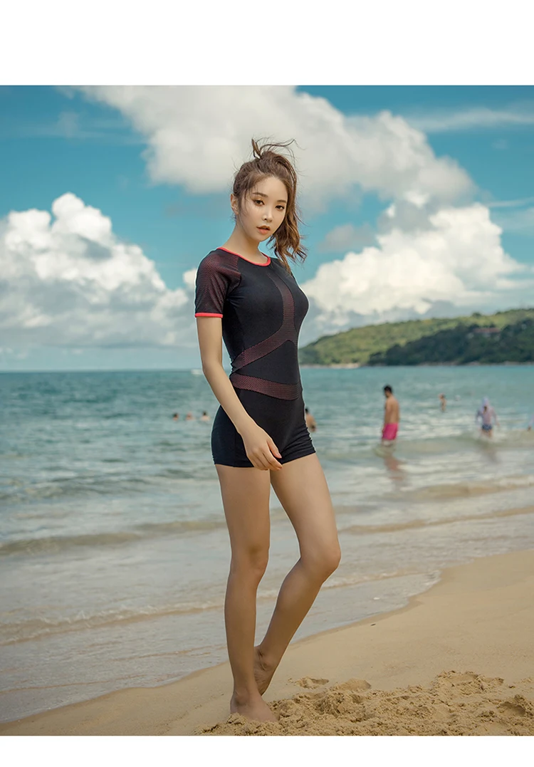 Mesh Patchwork Rash Guard Women Solid Swimwear Short Sleeve Swimsuit Shorts Surfing Suit Black Bathing Suit Korea Diving Clothes
