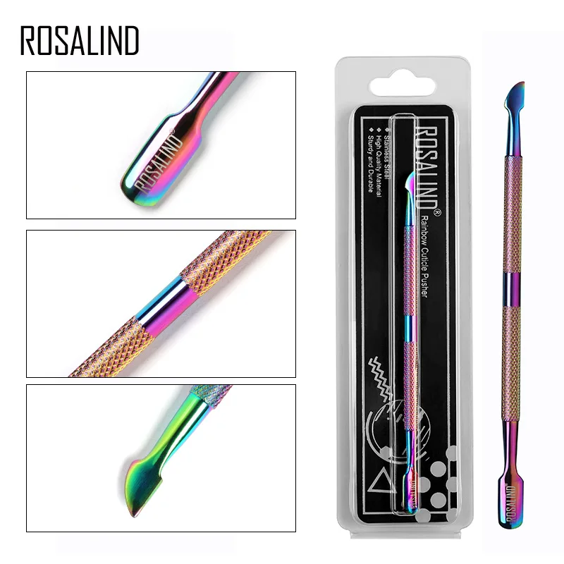

ROSALIND Cuticle Pusher 1PCS Rainbow Stainless Steel Cuticle Nail Art tools 2 Way Spoon Pusher Remover Tools Pedicure Manicure