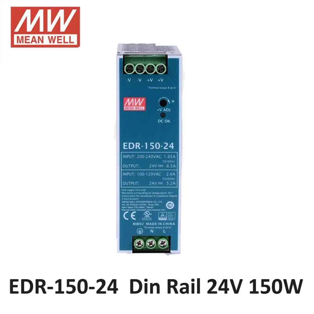 Mean Well 156 Вт 6.5A/230VAC 125 Вт 5.2A/115VAC Meanwell EDR-150-24 Мини Размер промышленный din-рейка блок питания 24 В DC Выход