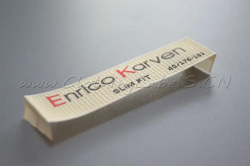 

Customized garment woven labels for slim fit style clothing, damask/100% polyester material, low MOQ, eco-friendly and washable.