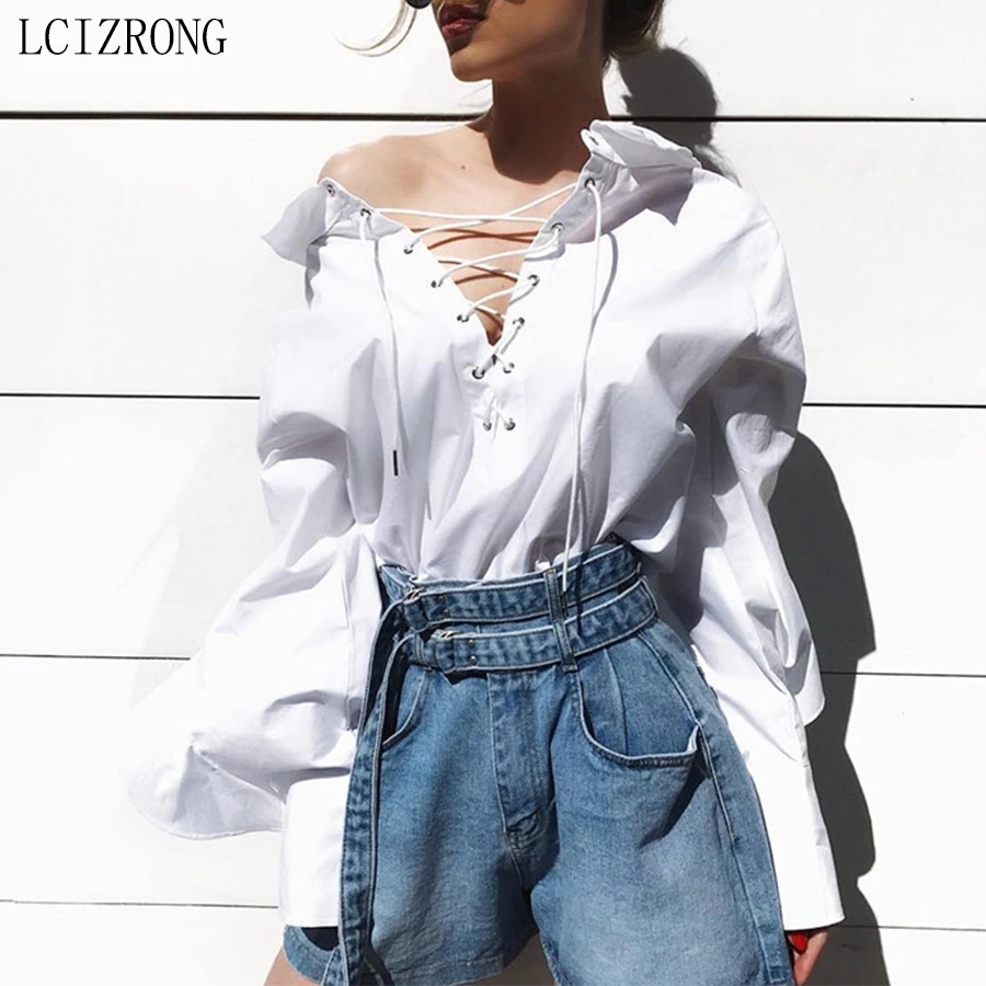 

Fashion Oversized Bandage Blouse Women Sexy Hollow Long Butterfly Sleeve White Shirt Autumn Cotton Loose Blusas Mujer De Moda