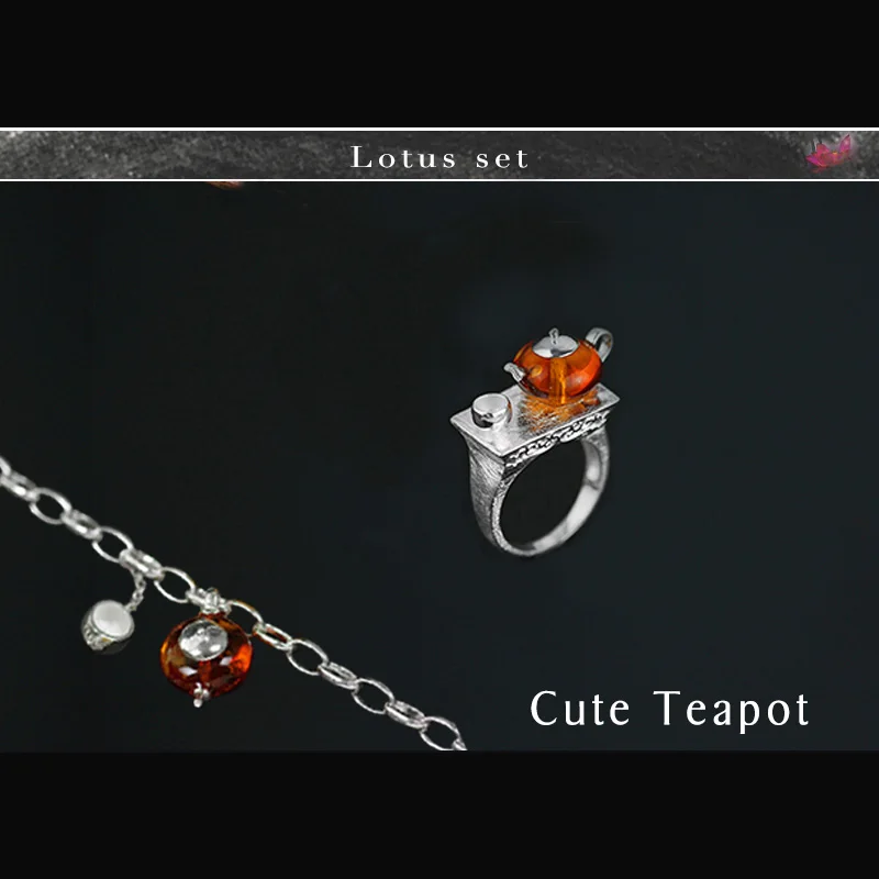 Brown Amber Lotus весело Настоящее стерлингового серебра 925 натурального янтаря ручной работы Ювелирные украшения милый чайник комплект ювелирных изделий с кольцом браслет - Цвет камня: Brown Amber