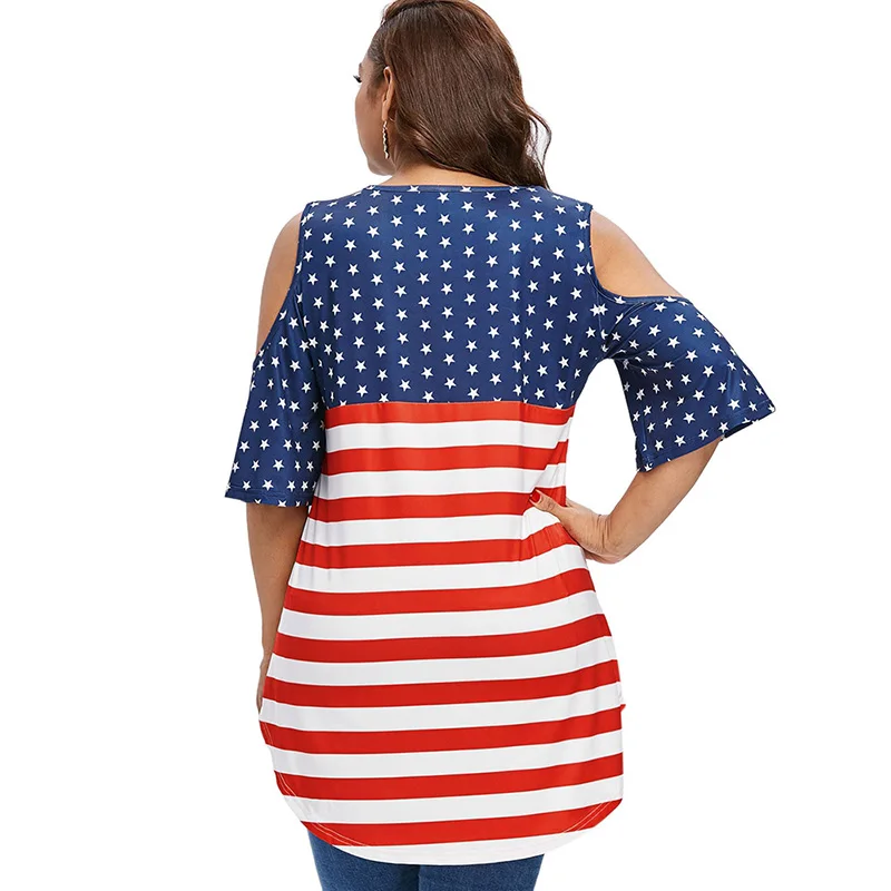 PlusMiss плюс размер 5XL 4XL Футболка с холодным плечом и флагом США Женская летняя