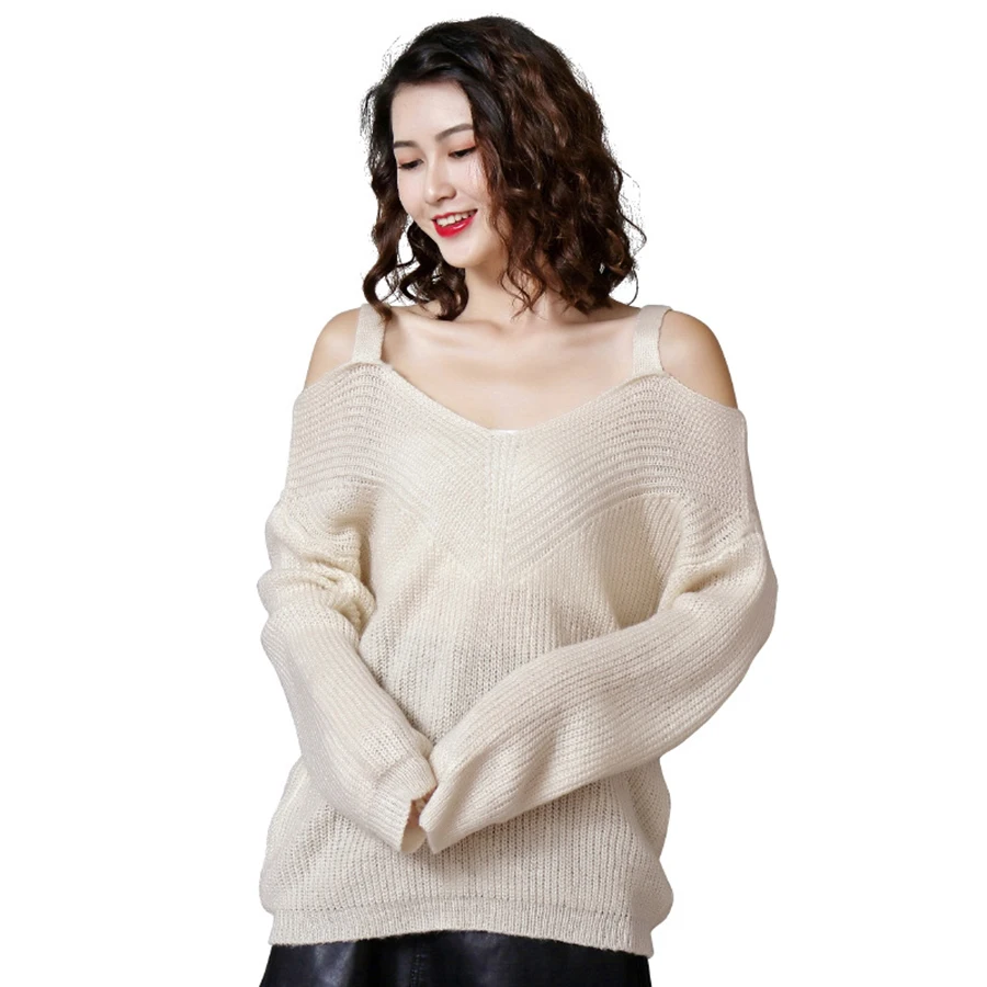 Off The Shoulder Women Knitting Tops Fashion V Neck Solid Skinny Sweaters Ladies Long Sleeve Slim Clothes Outfit 5Zc0294 | Женская