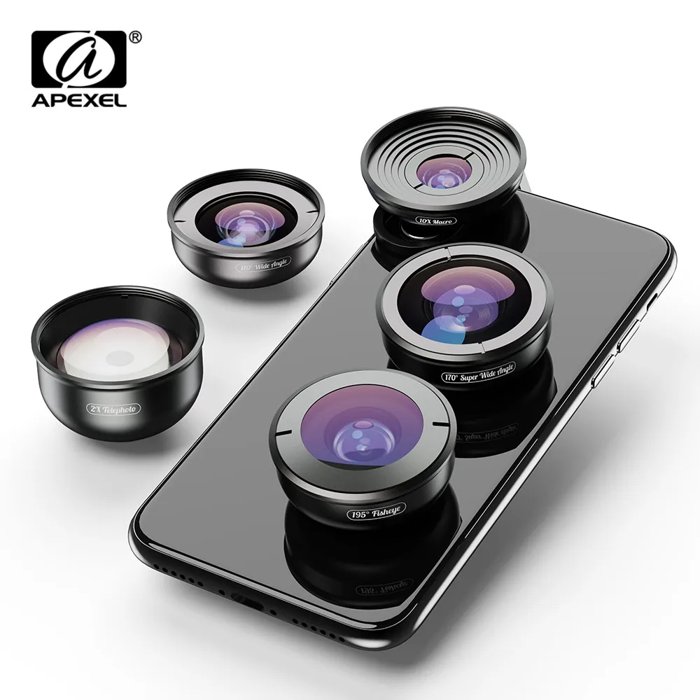 APEXEL 5в1 чехол для объектива мобильного телефона Комплект для фотосъемки HD рыбий глаз супер широкий угол 4K макро телескоп набор объективов для samsung iPhone