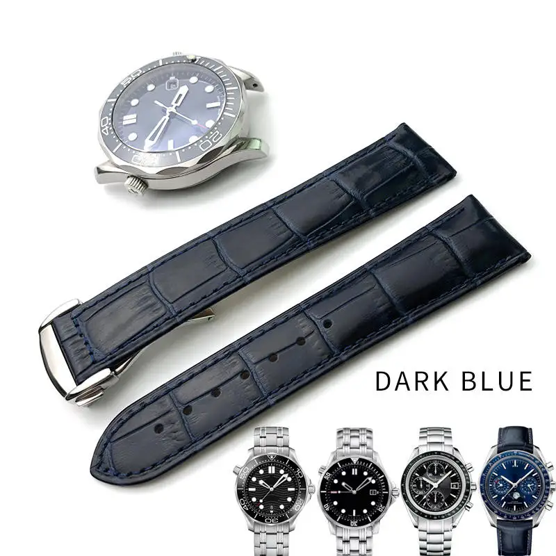 18/19/20/21/22mm High Quality Italian Cowhide Bamboo Grain Watch Strap Folding Buckle Replaceable Belt Special for Omega Watch - Цвет ремешка: dark blue