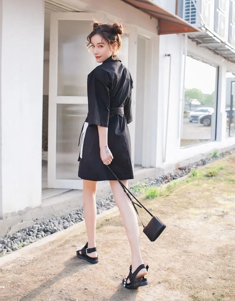 WHITNEY WANG 2019 Summer Fashion Streetwear Colors Contrast Pockets Big Buttons Sashes Shirt Dress Women Casual | Женская одежда