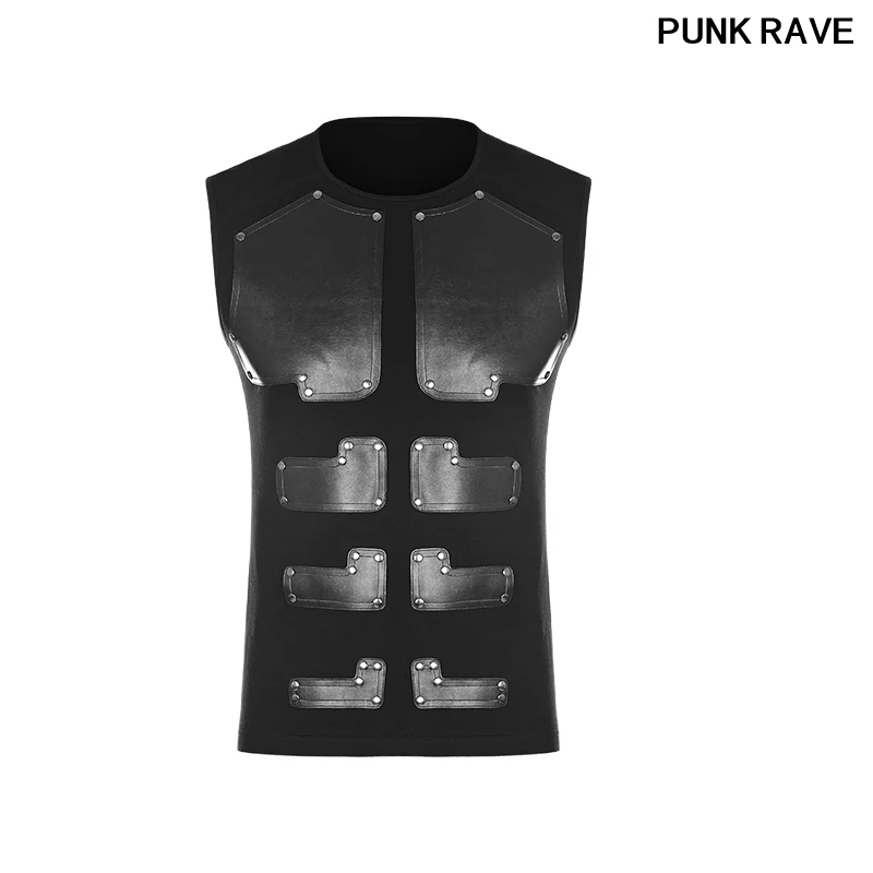 

Rock Elastic Cotton Knitted T-shirt Gothic PU Leather Muscles Arrayed Warriors Skinny Sleeveless Men T shirt PUNK RAVE WT-515BXM