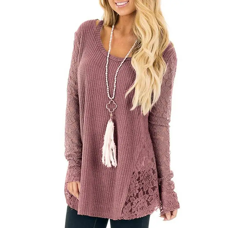Fashion Women Long Sleeve V-Neck Pure Color Sexy Loose Knitted Tops Pullover Lace Patchwork Jumper variety of colors | Женская одежда