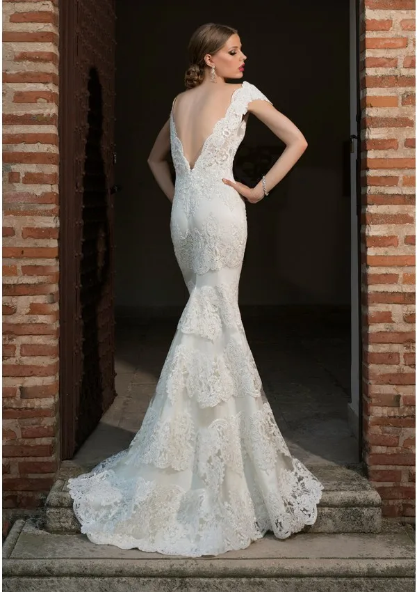 Lace Mermaid Wedding Dresses Boat Neck Short Sleeves Floor Length Open Back Bridal | Свадьбы и торжества